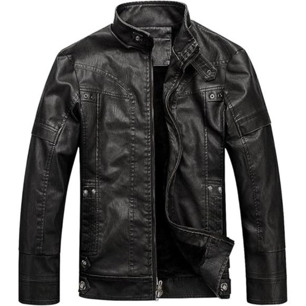Men's Vintage Stand Collar Leather Jacket Motorcycle PU Jacket and Coat - Picture 12 of 12